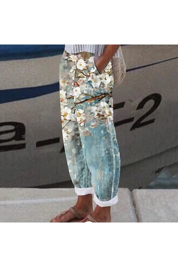 Women Pants Women's Floral Print Loose Pocket Trousers Gradient Blue Tie-Dye Pants