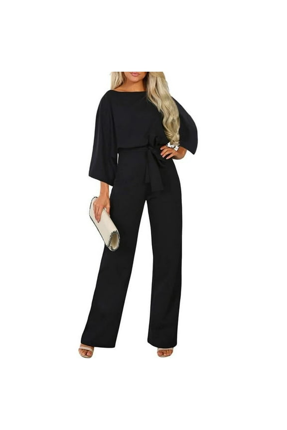 Women Pants for Mother Day Gift Women'S Fall/Winter Solid Color Seven-Point Sleeved Crew Neck Jumpsuit With Belt Lace-Up Slimming Jumpsuit