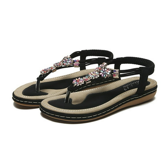 AOOCHASLIY Women Sandal Clothes Casual Comfortable Soft Sole Wear-resistant Sandals Women's Shoes Low-heeled Slippers Beach Crystal Flowers Bohemian Flip Flops