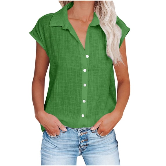 AOOCHASLIY Women Short-Sleeve Linen Blend Button-Down Shirt – Casual Summer Tops in Multiple Colors (Green/Black/Beige) – Stylish & Comfortable for Daily Wear