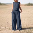 thumbnail image 1 of AOOCHASLIY Women Suits 2PC Fashion Woman Round Neck Solid Sleeveless Blouse +Loose Pockets Pants Sets, 1 of 5