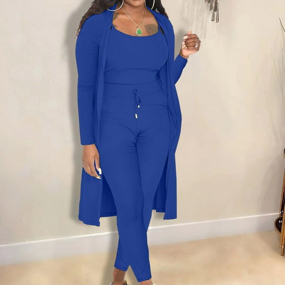 AOOCHASLIY Women Suits Fashion Women Casual Solid Long Sleeve Camisole Round Neck Tops Collar Long Pants Three Piece Sets