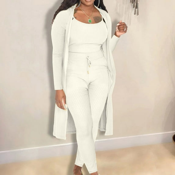 AOOCHASLIY Women Suits Fashion Women Casual Solid Long Sleeve Camisole Round Neck Tops Collar Long Pants Three Piece Sets