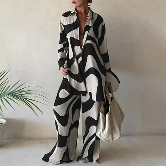 AOOCHASLIY Women Suits Ladies Fashion Casual Trend Print Loose Long Sleeve Shirt Straight Leg Pants Suit Women
