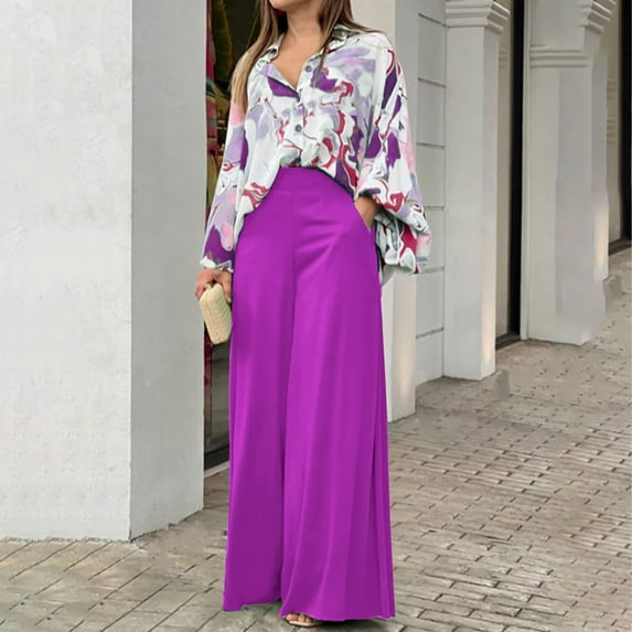 AOOCHASLIY Women Suits Plus Size Fashion Women Casual Printed Long Sleeve Turndown Neck Tops Collar Long Pants Sets