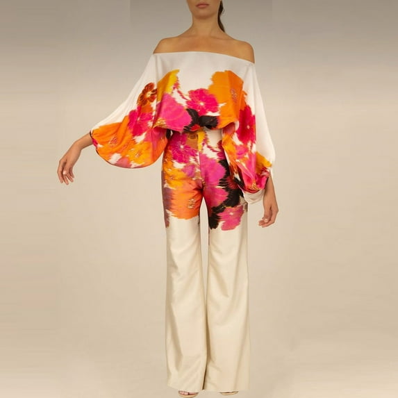 AOOCHASLIY Women Suits Woman Print Off Shoulder Long Sleeve Tops+Zipper Long Pants Two Piece Suit