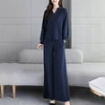 thumbnail image 1 of AOOCHASLIY Women Suits Women Comfortable Casual Put Together Color Long Sleeve V-Neck Blouse + Pocket Long Pants Sets, 1 of 5
