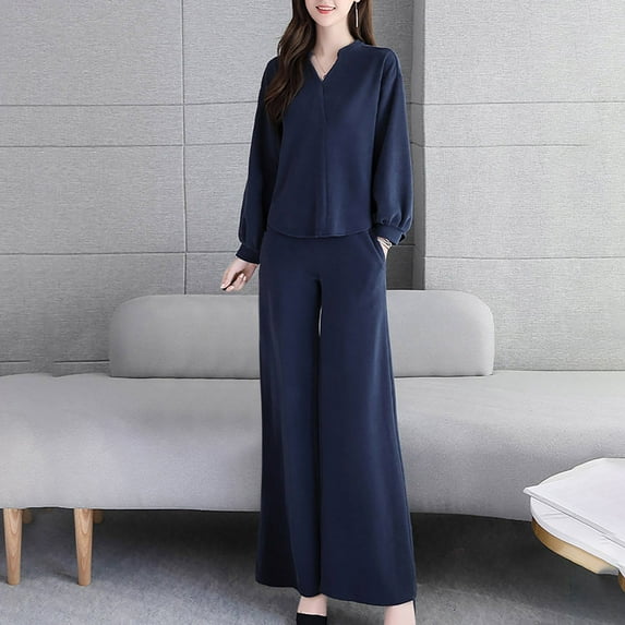 AOOCHASLIY Women Suits Women Comfortable Casual Put Together Color Long Sleeve V-Neck Blouse + Pocket Long Pants Sets