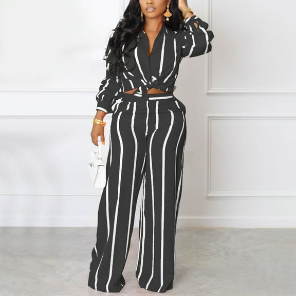 AOOCHASLIY Women Suits Women‘s Fall and Winter Casual Stripe Long Sleeve Lapel Button Top Pocket Pants Two-Piece Set