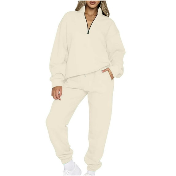 AOOCHASLIY Women Suits Women's Fashion Casual Solid Color Zipper Lapel Sweater Top + Pants Set