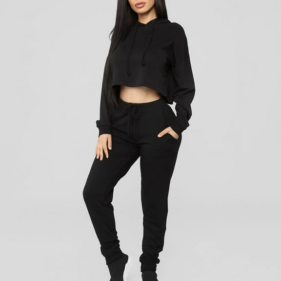 AOOCHASLIY Women Suits Women's Fashion Long Sleeve Hooded Pullover Pure Color Pants Casual Suit