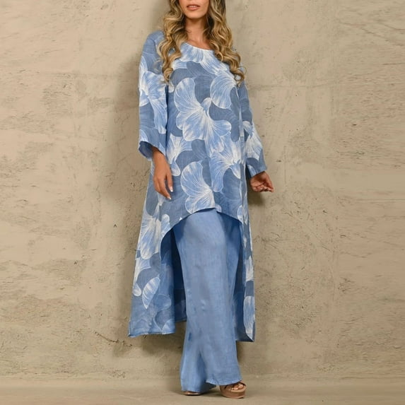 AOOCHASLIY Women Suits Women's Summer Printed Irregular Pullover Long Sleeve Round-Neck Blouses & Sets