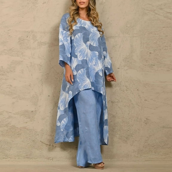 AOOCHASLIY Women Suits Women's Summer Printed Irregular Pullover Long Sleeve Round-Neck Blouses & Sets