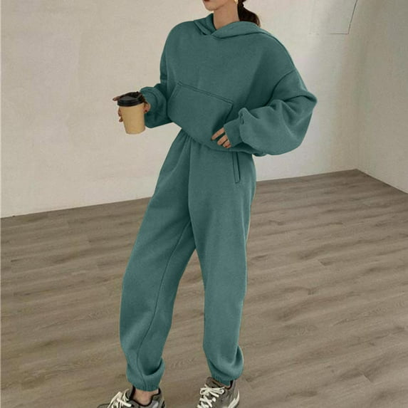 AOOCHASLIY Women Suits Women's and Winter Long Sleeved Plush Sanitary Pants Sweater Thickened Fashion Two-piece Suit and Winter Casual New Style Hooded High Waist