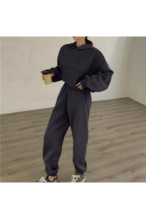 Women Suits Women's and Winter Long Sleeved Plush Sanitary Pants Sweater Thickened Fashion Two-piece Suit and Winter Casual New Style Hooded High Waist
