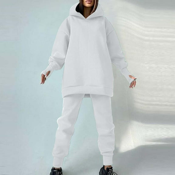 AOOCHASLIY Women Suits Women's and Winter Casual Plush Fashion Hooded Long Sleeve Leaky Finger Trousers Fleece Sweater Two-piece Set