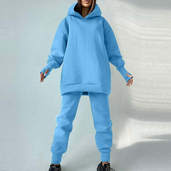 AOOCHASLIY Women Suits Women's and Winter Casual Plush Fashion Hooded Long Sleeve Leaky Finger Trousers Fleece Sweater Two-piece Set