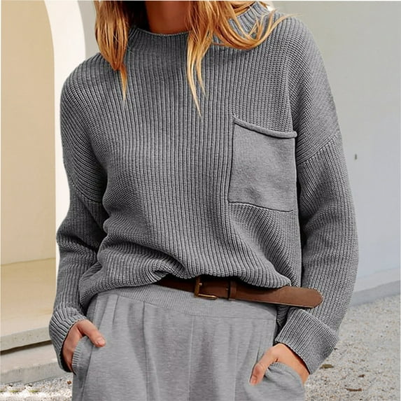 AOOCHASLIY Women Sweater Clothes Women's Sweater Round Neck Long Sleeve Pocket Knitted Shirt Lazy Style Sweater
