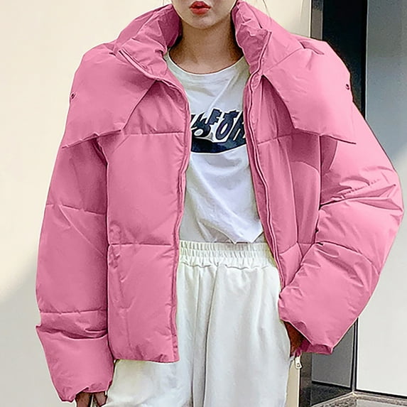 AOOCHASLIY Women Winter Coat Fashion Women Solid Stand-up Collar Cardigan Down Jacket Outerwear Padded Oversize Coat