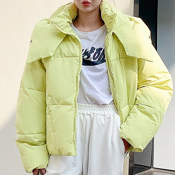 AOOCHASLIY Women Winter Coat Fashion Women Solid Stand-up Collar Cardigan Down Jacket Outerwear Padded Oversize Coat