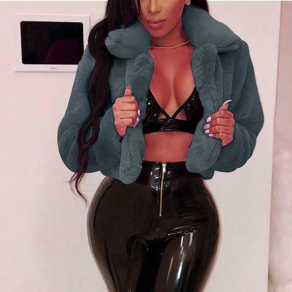 AOOCHASLIY Women Winter Coat Women Coat Fashion Women Coat Fluffy Fleece Turn-Down Collar Faux Fur Top Short Loose Coat