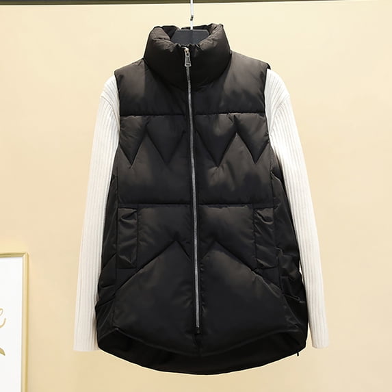 AOOCHASLIY Women Winter Coat Women Pocket Vest Coat Short Jacket Winter Sleeveless Turn Down Collar Zipper Solid Outerwear