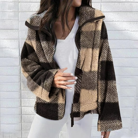 AOOCHASLIY Women Winter Coat Women's 2022 Fall/Winter Double Sided Plush Plaid Jacket Large Size