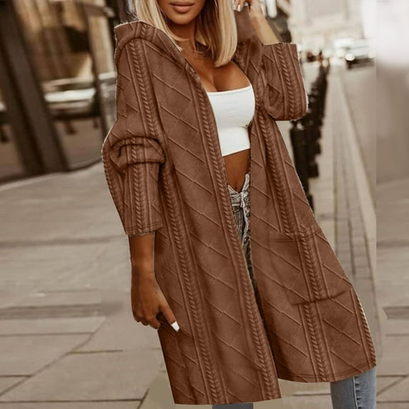 AOOCHASLIY Women Winter Coat Women's Fashionable Casual Long-Sleeved Solid Color Loose Hooded Mid-Length Windbreaker Jacket