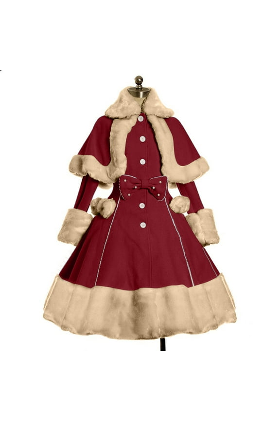 Women Winter Coat Women's Long Sleeve Woolen Jacket Bow Cape Set Outwear Plush Stitching Coat