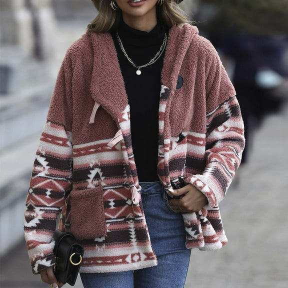 AOOCHASLIY Women Winter Coat Women's Printing Horn Buckle Hooded Pocket Recreational Long Sleeve Tops