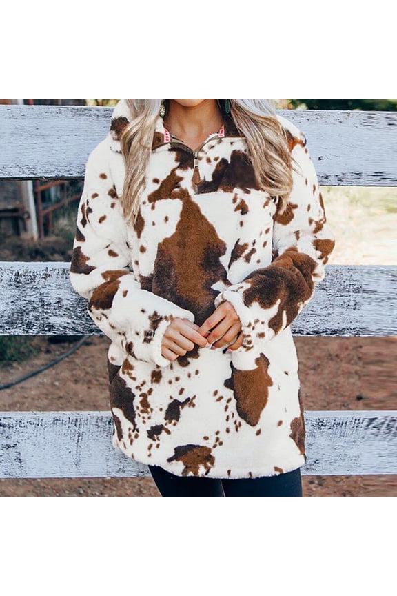 Women Winter Coat Women's Reversible Fleece Long Sleeve Zipper Pullover Stand Collar Cow Jacket Top