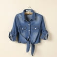 thumbnail image 1 of AOOCHASLIY Women Winter Coat Women's Roll Up 3/4 Sleeve Tie Front Knot Shirt Chambray Denim Crop Top, 1 of 5
