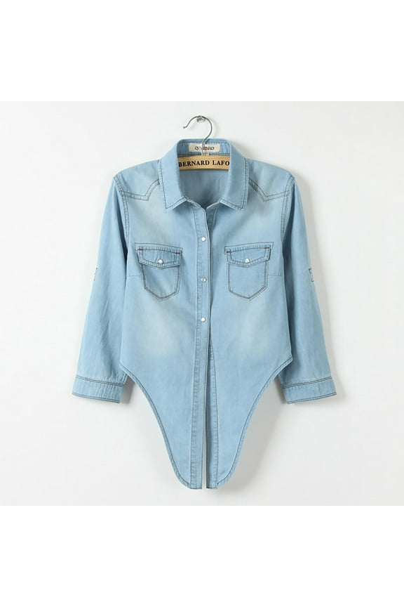 Women Winter Coat Women's Roll Up 3/4 Sleeve Tie Front Knot Shirt Chambray Denim Crop Top