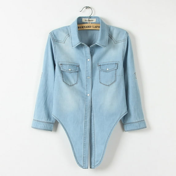 AOOCHASLIY Women Winter Coat Women's Roll Up 3/4 Sleeve Tie Front Knot Shirt Chambray Denim Crop Top