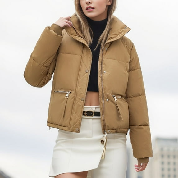 AOOCHASLIY Women Winter Coat Women's Solid Color Short Warm Long Sleeved Jacket Standing Collar Jacket Slim Fitting Jacket