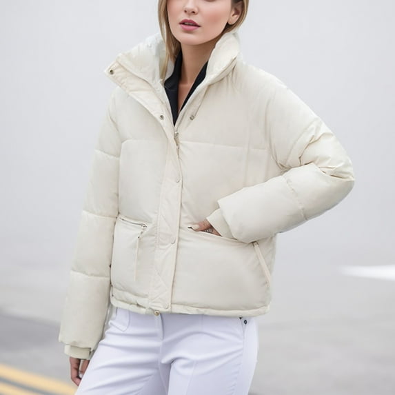 AOOCHASLIY Women Winter Coat Women's Solid Color Short Warm Long Sleeved Jacket Standing Collar Jacket Slim Fitting Jacket