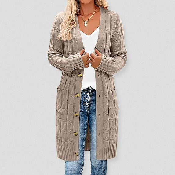 AOOCHASLIY Women Winter Coat Womens Long Sleeve Cable Knit Long Cardigan Open Front Button Sweater Outerwear
