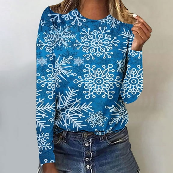 AOOCHASLIY Women's 2023 Fall Long Sleeve Tops Women Christmas Printed Round Neck Pullover Casual Blouse