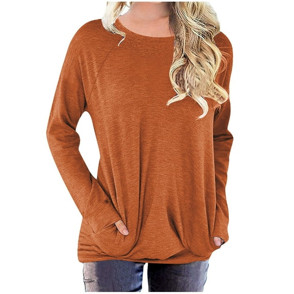 AOOCHASLIY Women's 2023 Sweatshirt Fashion Woman Long Sleeve Round Neck T-Shirt Solid Pocket Loose Blouse Tops