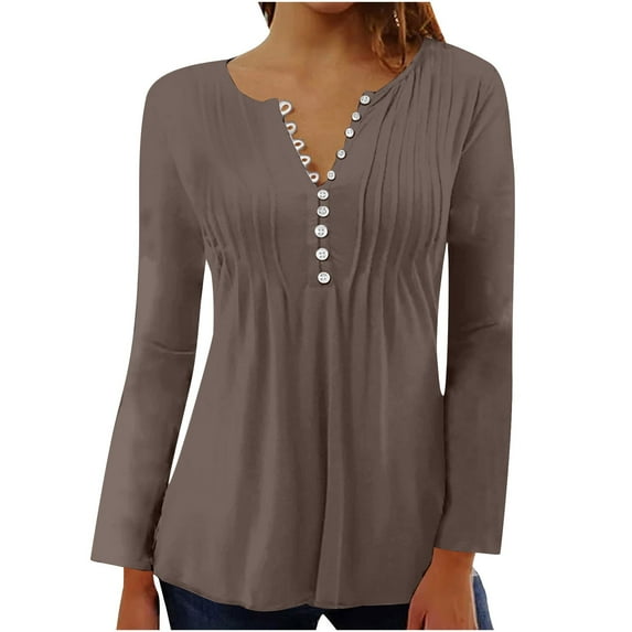 AOOCHASLIY Women's Blouse Women Fashionable Solid Color Long Sleeved with V-neck Button Pleats