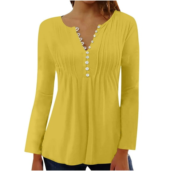 AOOCHASLIY Women's Blouse Women Fashionable Solid Color Long Sleeved with V-neck Button Pleats