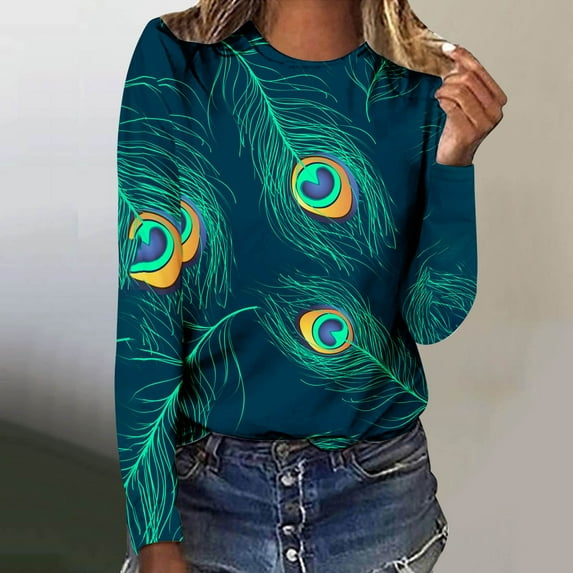 AOOCHASLIY Women's Blouse Women Summer Fashion Fold Printed Regular Women Long Sleeves Round Neck Button Tops