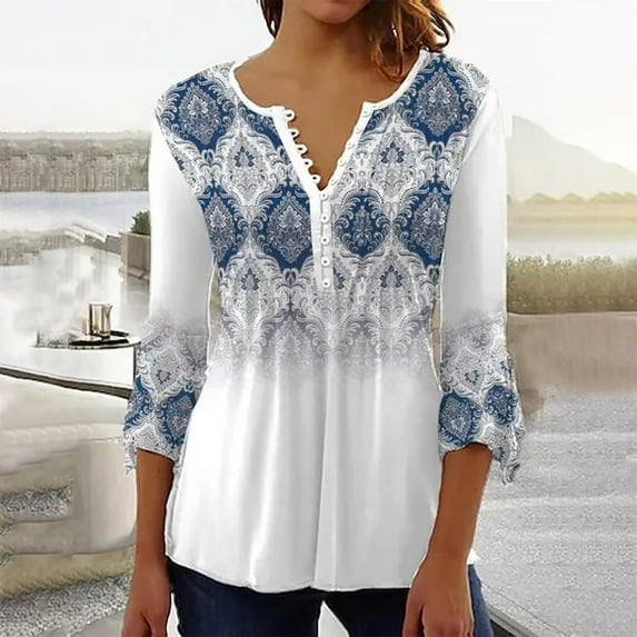 AOOCHASLIY Women's Blouse Womens Casual Trumpet 3/4 Sleeve Printed Buttoned Basic Ruched Tops Pleated Tops