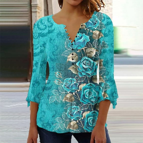 AOOCHASLIY Women's Blouse Womens Casual Trumpet 3/4 Sleeve Printed Buttoned Basic Ruched Tops Pleated Tops