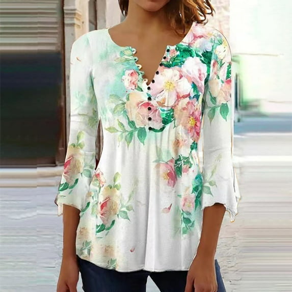 AOOCHASLIY Women's Blouse Womens Casual Trumpet 3/4 Sleeve Printed Buttoned Basic Ruched Tops Pleated Tops
