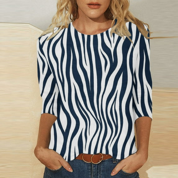 AOOCHASLIY Women's Blouse Womens Fashion Mid-length 3/4 Sleeves Round Neck Casual T-shirt Tops
