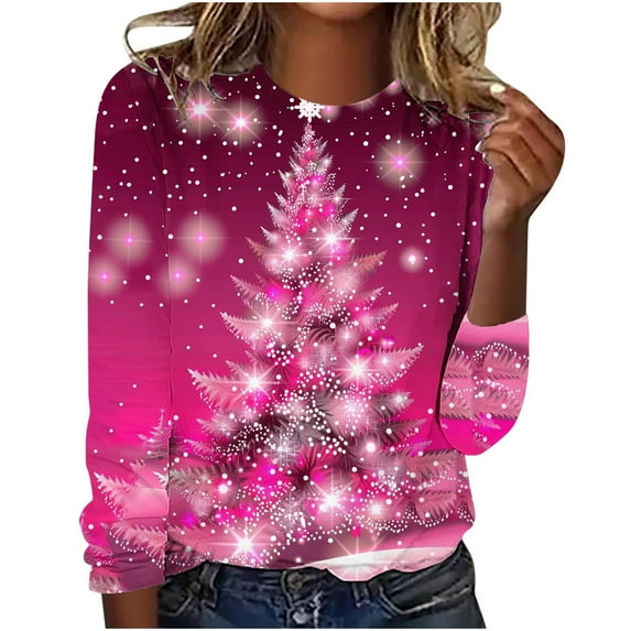 AOOCHASLIY Women's Christmas Day Blouse Fashion Women Casual Long Sleeve Printing Round Neck Loose T-Shirt Tops