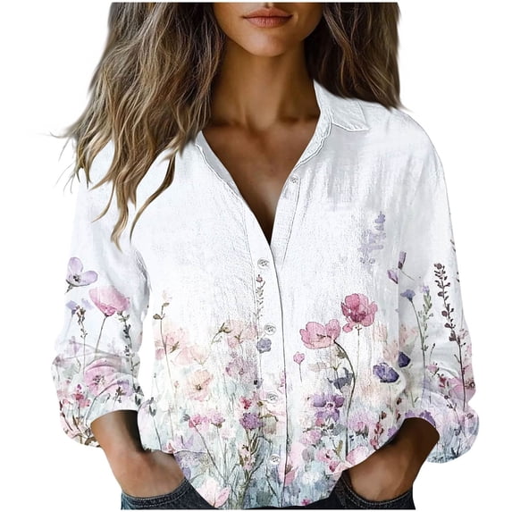 AOOCHASLIY Women’s Colorful Floral Print Button Down Blouses Casual Loose Long Sleeve V Neck High Low Hem Shirts Tops