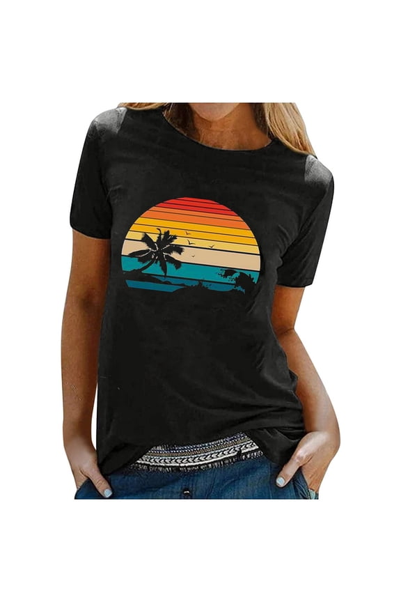 Women's Hawaiian Printing Shirts for Women Palm Trees Beach Graphic Tee Summer Vacation Short Sleeve Tshirt Tops