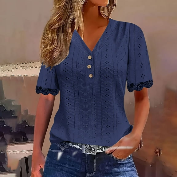 AOOCHASLIY Women's Hollow Out Summer Pleated Button Short Sleeve T-Shirt Summer V-Neck Solid Color Cute top